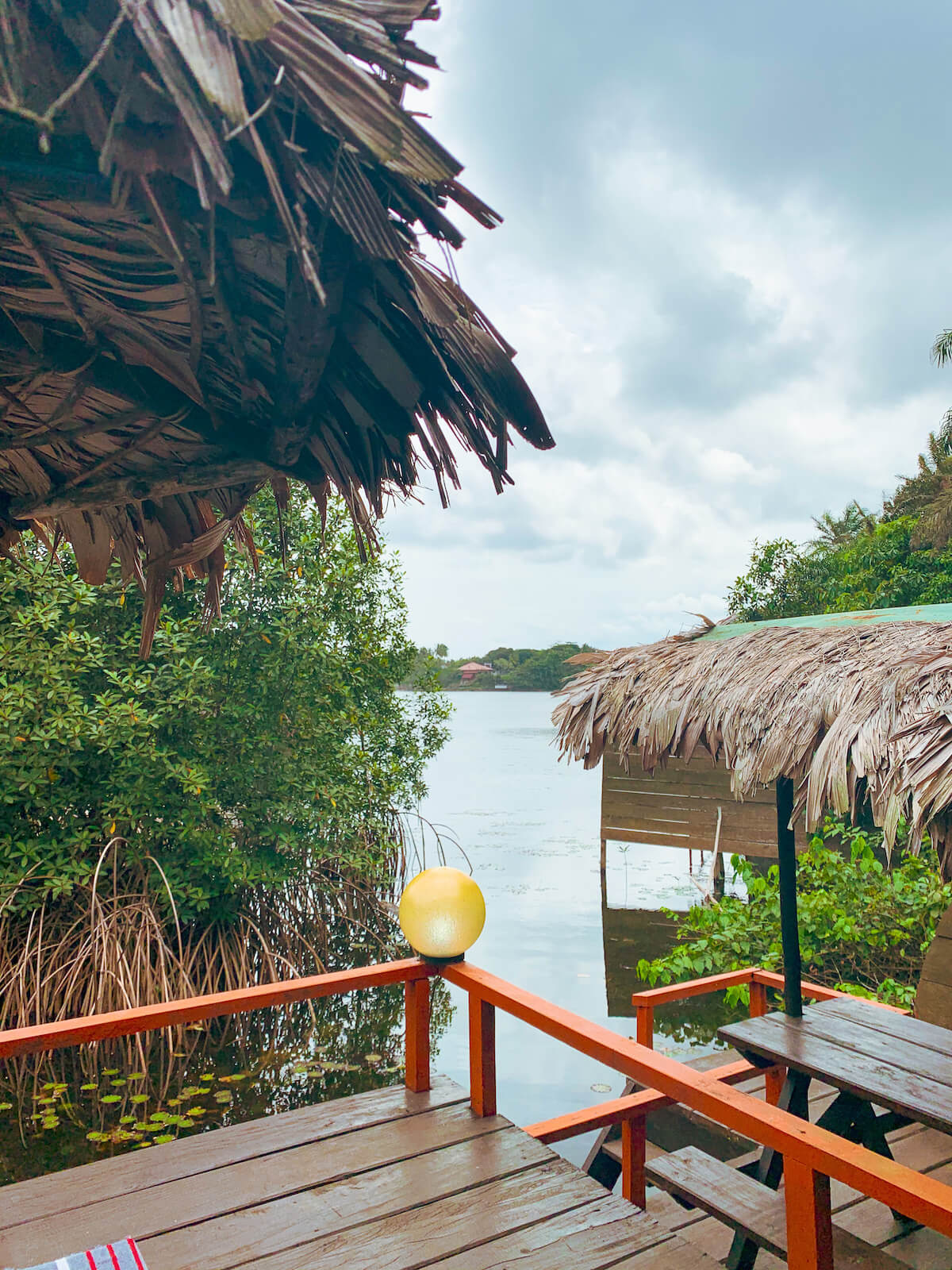View over the water from palapa cabanas at Mangrove Lodge in Liberia