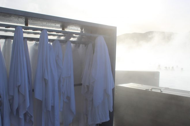 Bathrobes hanging at the Blue Lagoon in Iceland