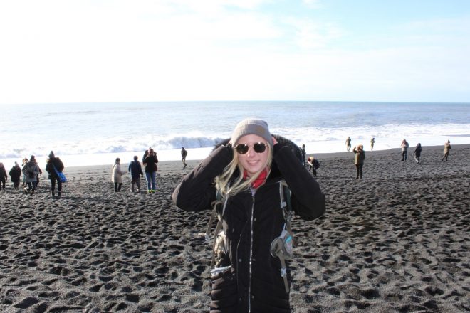 Laura Harris at Reynisfjara Black Sand Beach, South Coast Day Tour in Iceland