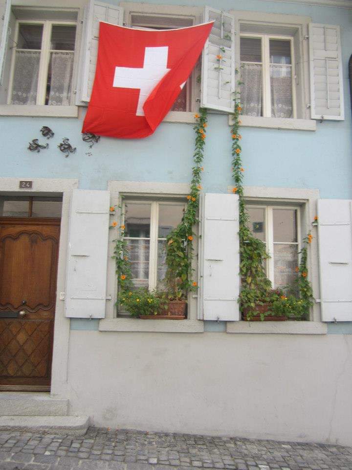 Swiss flag in the French side of Switzerland -- learn Swiss German phrases before traveling