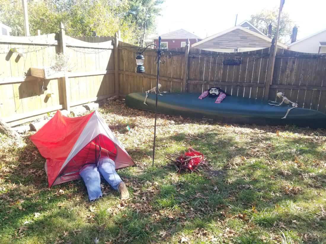Small 1-person tent being used for Halloween decorations