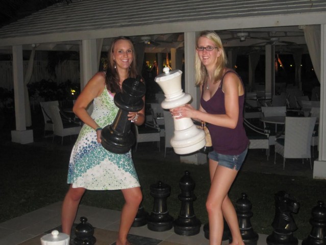 Daughters playing chess at the Rose Hall Resort in Jamaica
