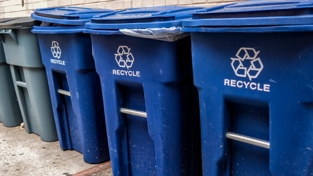 Row of blue recycling bins