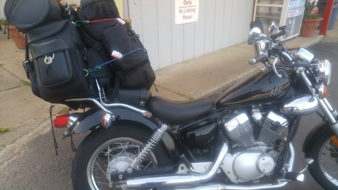 Yamaha Star motorcycle all packed up for a camping road trip