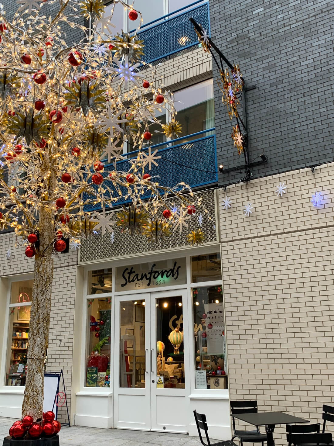 Christmas decor at Stanfords bookshop in London
