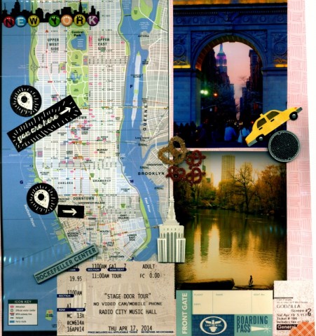 This layout, from a trip to NYC, uses a city map and ticket stubs as some of its embellishments.